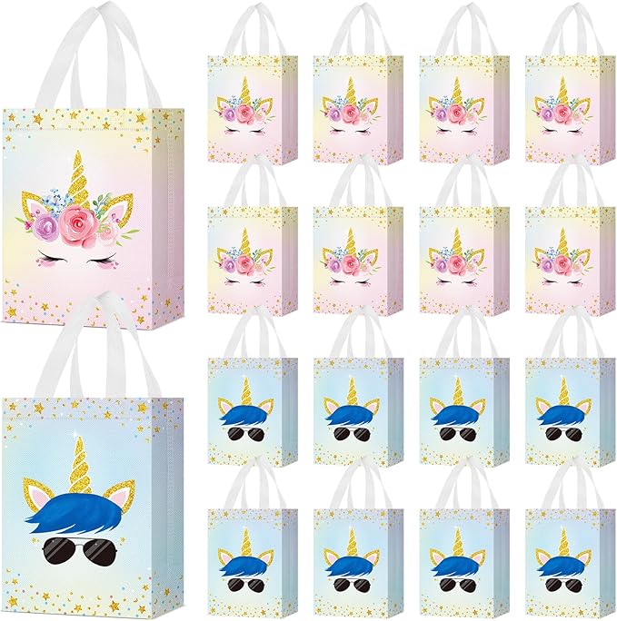 Locmeo 24 Pcs Unicorn Party Favor Bags with Handles - Reusable Non Woven Goodie Bags in Pink & Blue - Candy Treat Gift Bags for Girl & Boy Birthday Parties, 8 x 4 x 10 Inch
