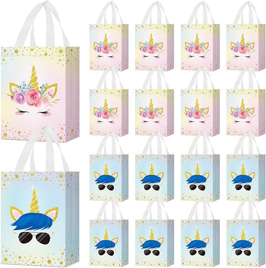 Locmeo 24 Pcs Unicorn Party Favor Bags with Handles - Reusable Non Woven Goodie Bags in Pink & Blue - Candy Treat Gift Bags for Girl & Boy Birthday Parties, 8 x 4 x 10 Inch