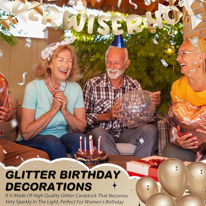 Fulmoon Set of 3 Pre Strung Older Wiser Hotter Glitter Banner Funny Birthday Banner for Women 30th 40th 50th 60th 70th 80th Birthday Party Decorations Sign Gift(Shiny Champagne Gold)