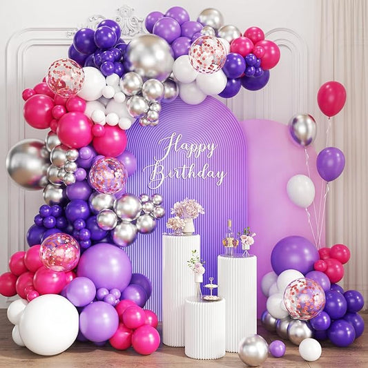 Hot Pink Purple White Silver Balloon Garland Arch Kit, 167Pcs Latex Balloons Different Sizes 18 12 10 5 inch for Women Princess Girl Birthday Bridal Baby Shower Party Decoration