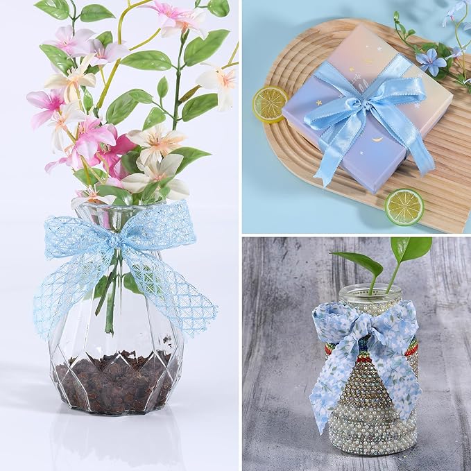 BEEFLYING 3 Styles Light Blue Wire Edged Ribbons for Gift Wrapping Decoration 25~28mm×2.7m Herringbone Ribbons Organza Ribbons for Wedding Party Hair Bows, Flower Designs Sewing & Craft, 9 Yards