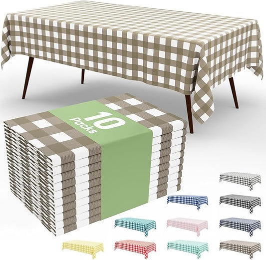 Smiry 10 Pack Khaki Gingham Disposable Tablecloths - 54" x 108" Heavy Duty Plastic Table Cloth, Waterproof Buffalo Plaid Table Covers for Picnic, Banquets, Outdoor Parties