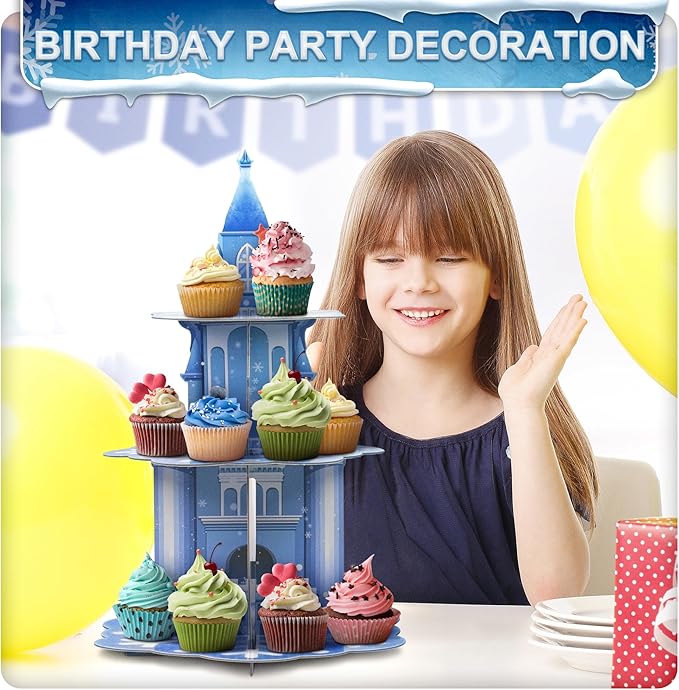 3 Tier Frozen Cupcake Stand Holder, Thickened Cupcake Tower for Boys Girls Kids Birthday Party Christmas Supplies Decorations Winter Snow Themed Cake Holder Dessert Display Stand