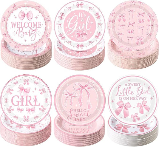 Funnymoom 60 Pcs 7 Inch Pink Bow Baby Shower Paper Plates a Sweet Little Girl Is on Her Way Party Decoration, Coquette Pink Bow Welcome Baby Disposable Plates for Dessert Birthday Party Supplies