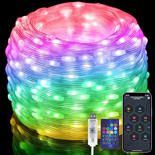 RGB Smart IC Fairy Lights, [APP & Remote Control] 49FT/15M 150 LEDs Multicolor String Lights, Music/Voice Sync Color Change, IP65 Waterproof String Light for Christmas, Wedding, Bedroom, DIY
