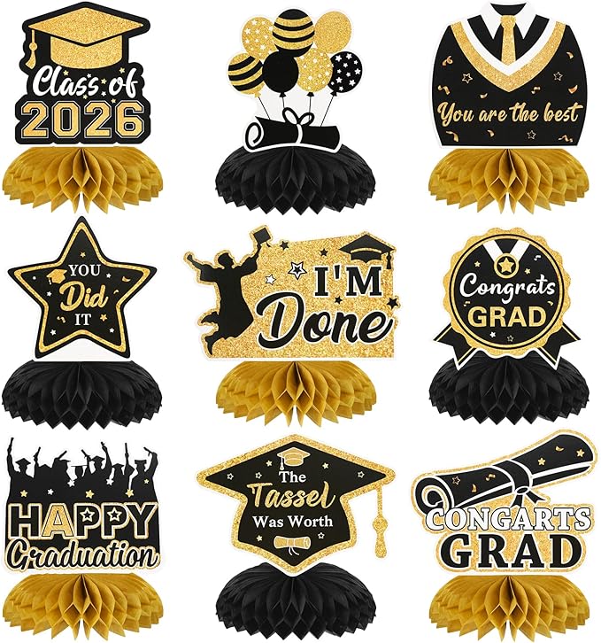 Graduation Decorations Class of 2026 Honeycomb Centerpieces, 9PCS Graduation Centerpieces for Tables, Congrats Grad Table Toppers Decor for 2026 Graduation Party Decoration Favor Supplies (Black Gold)
