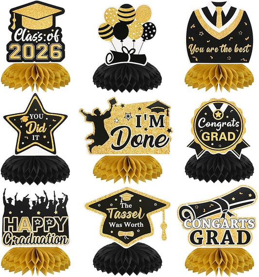 Graduation Decorations Class of 2026 Honeycomb Centerpieces, 9PCS Graduation Centerpieces for Tables, Congrats Grad Table Toppers Decor for 2026 Graduation Party Decoration Favor Supplies (Black Gold)