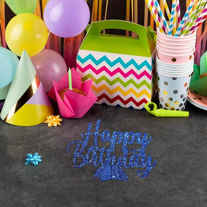 Happy Birthday Table Centerpiece, Dark Blue Glitter Birthday Party Paper Free Standing for Women Men, HBD Script Table Centerpiece for Bday Party Supplies