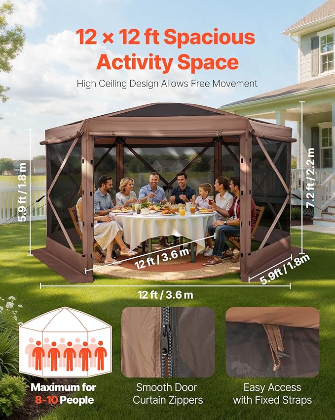 VEVOR Pop up Gazebo Screen Tent, 12 x 12 ft Large 6-Sided Camping Canopy Tent with Removable Top & Carry Bag, Quick-Set & Bite-Proof, Screen House Sun Shelter for 8-10 Persons Backyard Patio, Brown