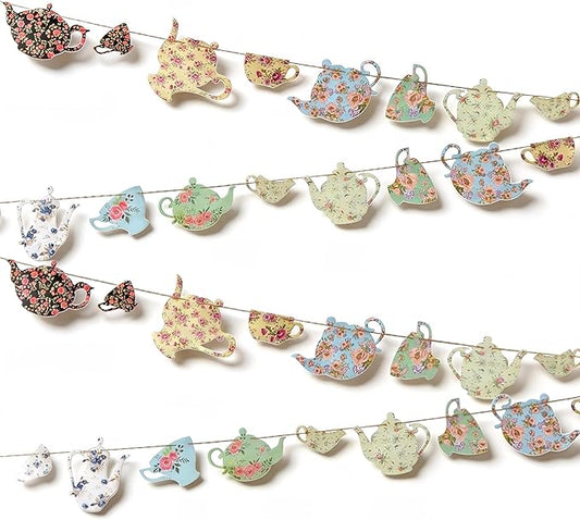 SUNBEAUTY Tea Party Decoration Teapot Bunting Garland Spring Garden Party Supplies for Tea Cup Vintage Banner Tea Party Supplies for Girls Women Birthday Baby Shower Wedding Favors
