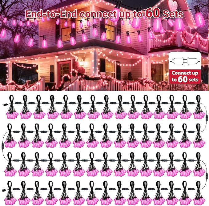LAMPHOME 2-Pack 26Ft ST38 Pink Valentine's Day Patio Lights ，Outdoor String Lights with 12+1 ST38 Edison Bulbs, Shatterproof LED Lights for Outside Bistro Christmas Wedding Party Decorations