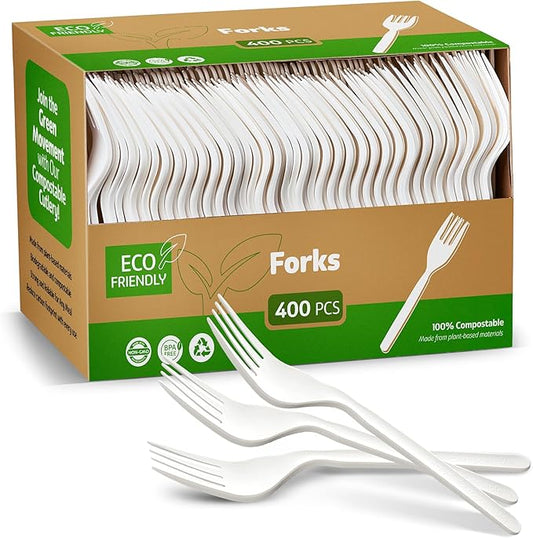 Elegant Disposables 100% Compostable PLA Forks Bulk Pack 400 Pcs Biodegradable Disposable Plastic Cutlery Utensils