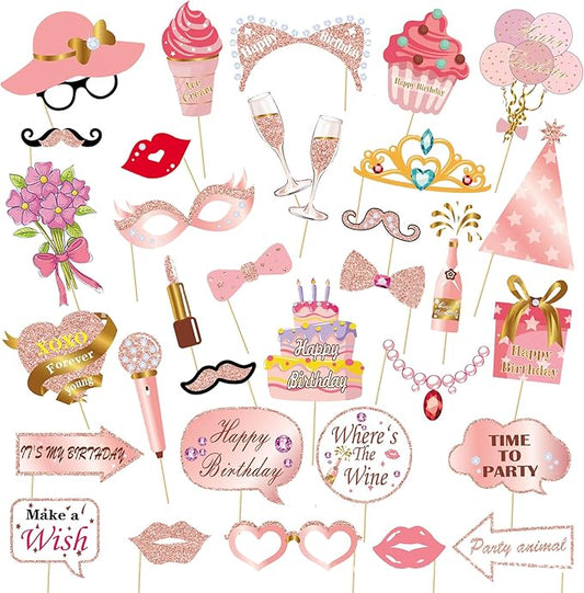 33PCS Birthday Photo Booth Props - Happy Birthday Graduation Wedding Party Favors Supplies Bday Party Decor Funny Cute Holiday Selfie Supplies (Rose Gold)