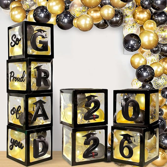 2026 Graduation Balloon Boxes Decorations, 4pcs Graduation Blocks with 32pcs Balloons “GARD” “2026” Letters, So Pround of You Decorations for Class of 2026 Party Supplies for College, High School