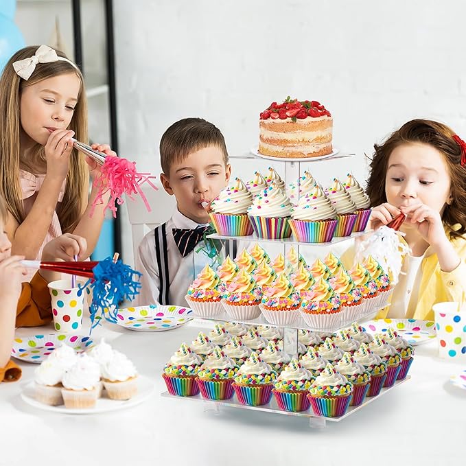Cupcake Stand, 4 Tier Cupcake Stand for 50 Cupcakes, Square Tiered Cupcake Tower, Clear Acrylic Cupcake Holder, Dessert Stands for Party, Wedding, Birthday, Baby Shower, Halloween
