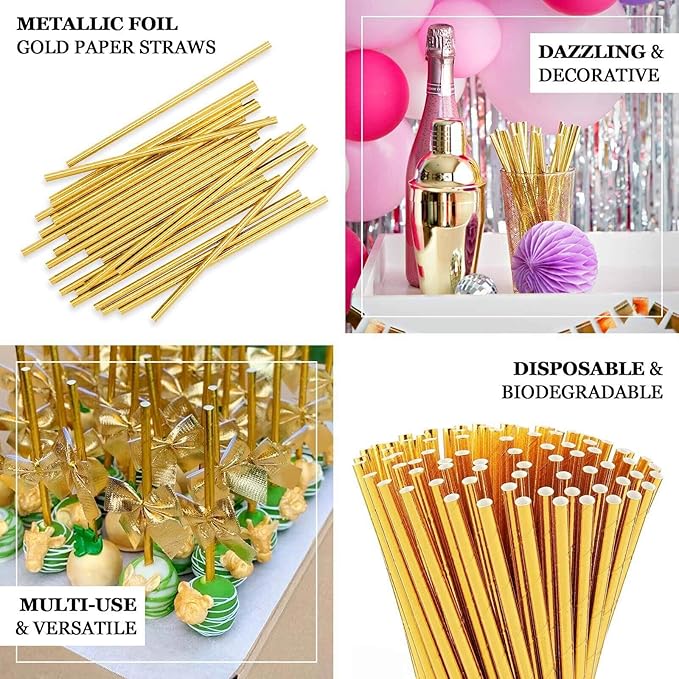 Efavormart 50 Pack 8 Inch Metallic Gold Foil Paper Drinking Straws, Food Grade Biodegradable Disposable Party Straws for Weddings & Events