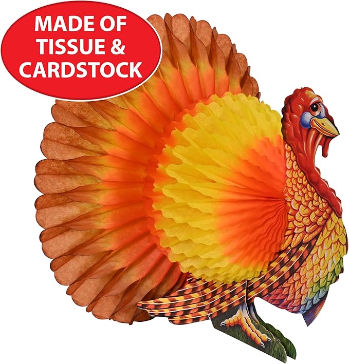 Beistle Tissue and Paper Turkey Centerpiece for Thanksgiving Decorations-Autumn Fall Harvest Home Décor, 12", Brown/Red/Orange/Yellow