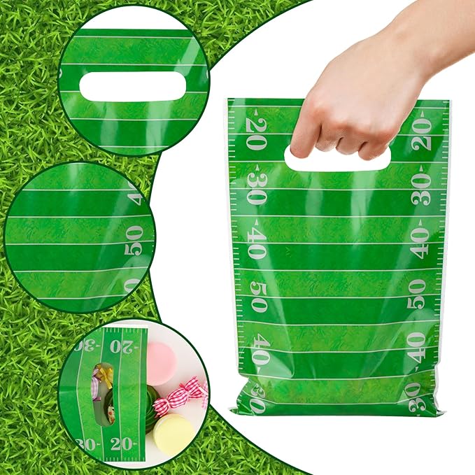 Hxezoc 50 Pieces Football Gift Bags with Handle, Plastic Treat Candy Bag Sport Favor Bags with Gridiron For Kids Birthday Party Decoration Supplies