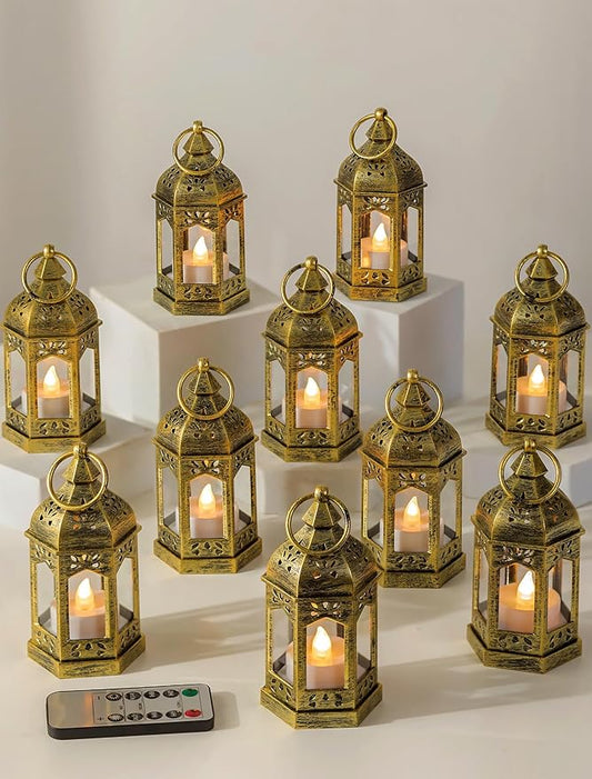 Romadedi Decorative Mini Lanterns for Centerpieces - Set of 10 Gold Vintage Small Candle Lantern Bulk with Remote for Wedding Table Decor Party Ramadan Christmas Halloween, Batteries Included