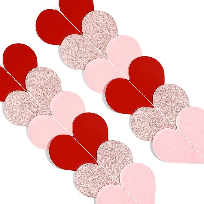 40 Feet Red & Pink Heart Garland Glitter Heart Banner Garland Decoration, Ceiling Hanging for Wedding Bridal Shower Hanging Decoration Streamers