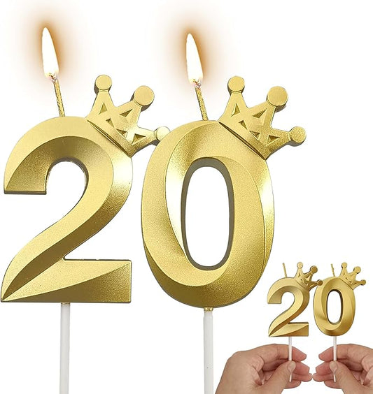 The Number 20 Gold Birthday Candles for Cake is Beautiful Number Candles for 20th Birthday Decorations for Man and Women (Gold-20, Crown)