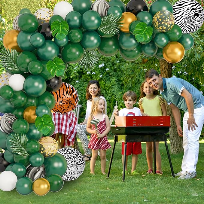 Amandir 152Pcs Jungle Safari Balloon Garland Arch Kit, Gold Dark Green Animal Balloons Artificial Tropical Palm Leaves Decorations Boy Girl Wild One Birthday Party Supplies