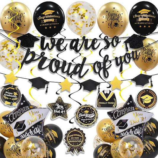 Graduation Decorations Class of 2026, Black and Gold Graduation Balloons with Hanging Swirl, We are So Proud of You Banner, Congrats Grad Garland Party Supplies
