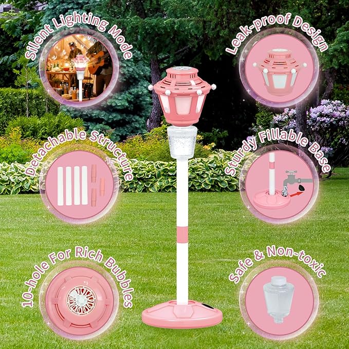 2 Pack Bubble Machine for Kids, Automatic Bubble Blower with Light & Rechargeable Battery, 40 Inch Adjustable Height Outdoor Toys for Party, Toddlers, Sibling Gifts (Includes 6 Solution), Pink