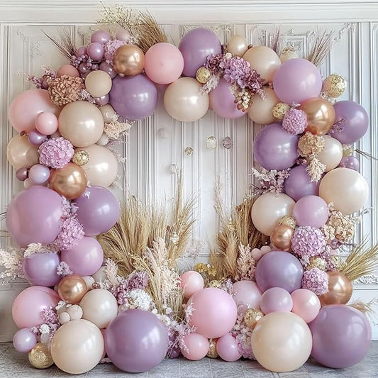 Purple Pink Beige Balloons Arch Kit, Double Stuffed Purple and Pink Balloon Garland with White Sand Lavender Rose Metallic Gold Balloons for Weddings Birthdays Party Decoration