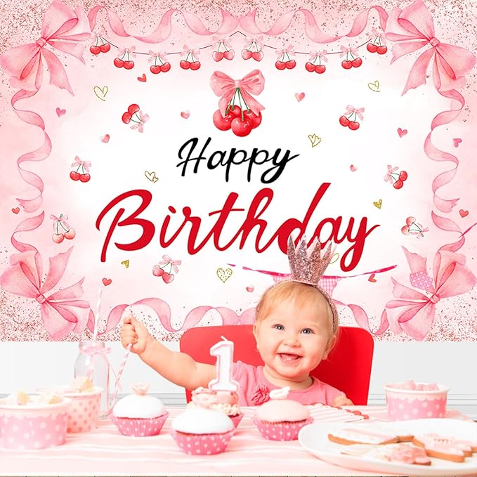Mocsicka Cherry Happy Birthday Backdrop Cherry Theme Birthday Party Decorations Banner Red for Girls Cherries Fruit Theme Party Photography Backgorund Supplies (Pink, 10x7ft(120"x82"))