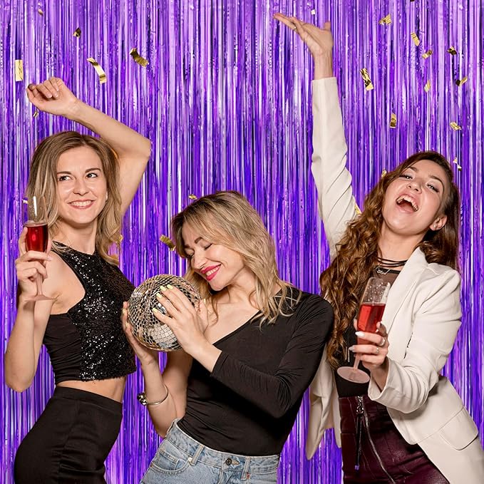 Purple Metallic Tinsel Foil Fringe Curtains Backdrop 2Pack 3.3x8.3Ft Purple Party Streamers for Birthday Party Decorations Halloween Christmas Decors Foil Curtain Backdrop for Bachelorette Wedding