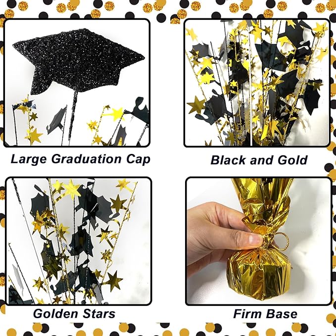 FUBININA 6 Pack 2026 Graduation Table Centerpiece Party Decoration Metallic Foil Spray Glitter Graduate Cap Decor Star Table Top for Graduation Parties Grad Ceremonies Party Favor, Black and Gold