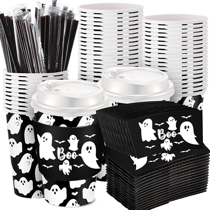 Pickmesh 50 Set 12oz Halloween Disposable Coffee Cups with Lids and Sleeves Straws, Ghost Boo Bat Paper Cups for Cold Hot Cocoa Drink Halloween Party Supplies