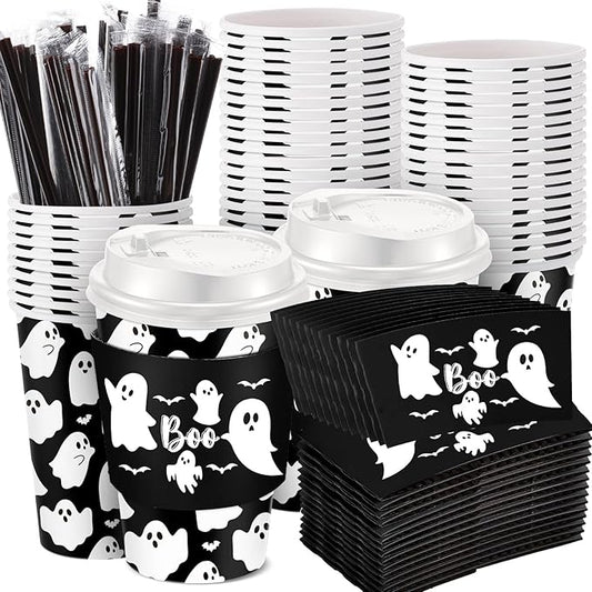Pickmesh 50 Set 12oz Halloween Disposable Coffee Cups with Lids and Sleeves Straws, Ghost Boo Bat Paper Cups for Cold Hot Cocoa Drink Halloween Party Supplies