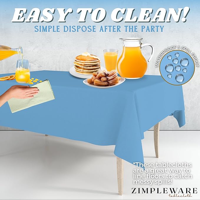 ZIMPLEWARE Premium Sky Blue Plastic Table Cloth Disposable (6 Pk) Plastic Tablecloths for Rectangle Tables (54in x 108in) Party Table Cloths Disposable for 6ft to 8ft Rectangle Tables