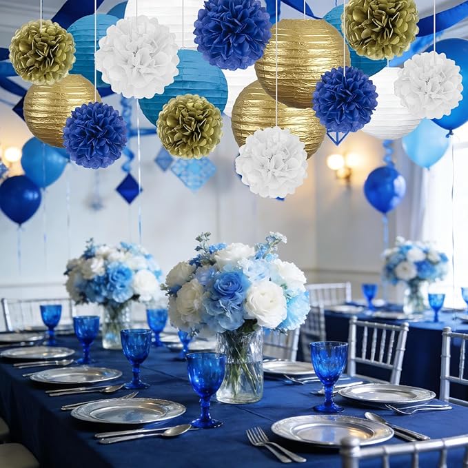 18 PCS Blue White Gold Paper Lanterns & Tissue Paper Pom Poms for Men's Birthday, Graduation 2026, Wedding, Hanging Paper Party Decoration Set for Indoor Outdoor Events Theme Party Supplies