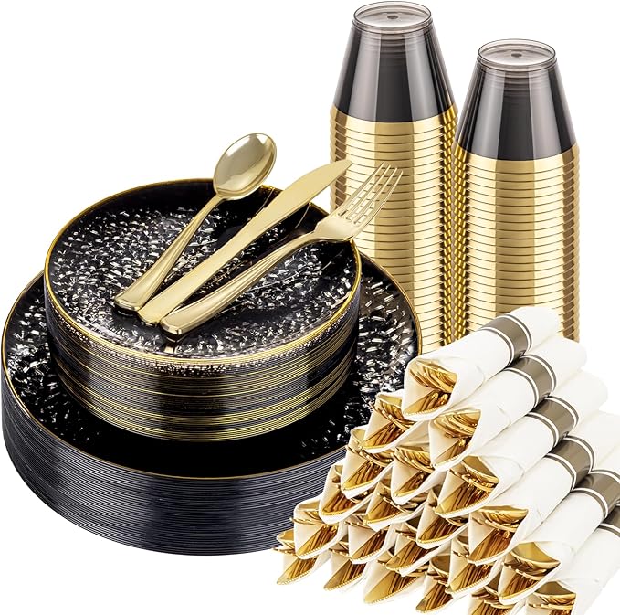 Hioasis 175pcs Black Gold Plastic Plates - Black Plastic Dinnerware Set Includes 25 Dinner Plate, 25 Dessert Plate, 25 Cups, 25 Napkins Perfect for Wedding & Party