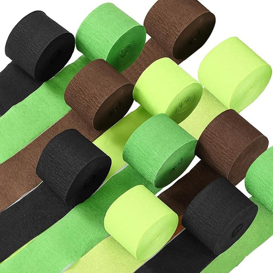 Epakh 12 Rolls Black/Green/Brown Crepe Paper Streamers (984ft) - Pixel Themed Party Decorations, Video Game Birthday Supplies, Dinosaur Jungle Camo Army Camp Natural Theme Green Party Decor Halloween