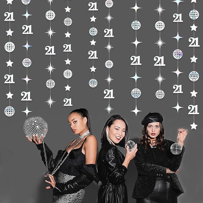 Iridescent 21st Disco Birthday Decorations Laser Number 21 Disco Ball Twinkle Star Garland Metallic Banner Backdrop for Girls Boys Happy 21st Birthday Finally Legal Cheers to 21 Years Party Decor
