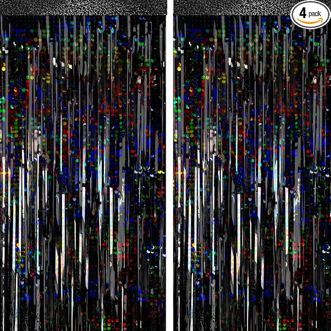 4 Packs Black Foil Fringe Curtain, Glitter Metallic Tinsel Backdrop for Birthday, Wedding, Bridal Shower, Halloween, Gold and Black Party Decorations Supplies