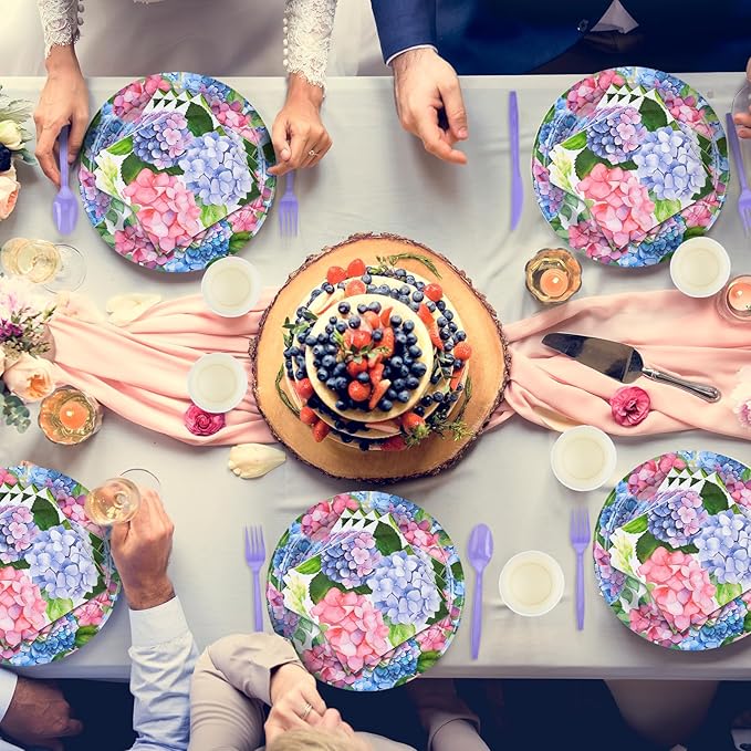 Yungyan 252 Pcs Hydrangea Plates and Napkins Set Hydrangea Flowers Party Supplies Disposable Floral Napkins Plates Cups Knives Spoons Forks for Wedding Birthday Tea Bridal Birthday Serves 36 Guests