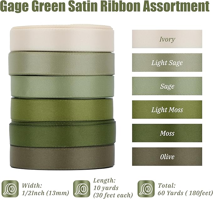 Sage Green Satin Ribbon, 1/2 Inch x 60 Yards, 6-Roll Assortment, Double Face Thin Ribbon for Gift Wrapping, Wedding Decor, Hair Bows, Bouquets, DIY Crafts