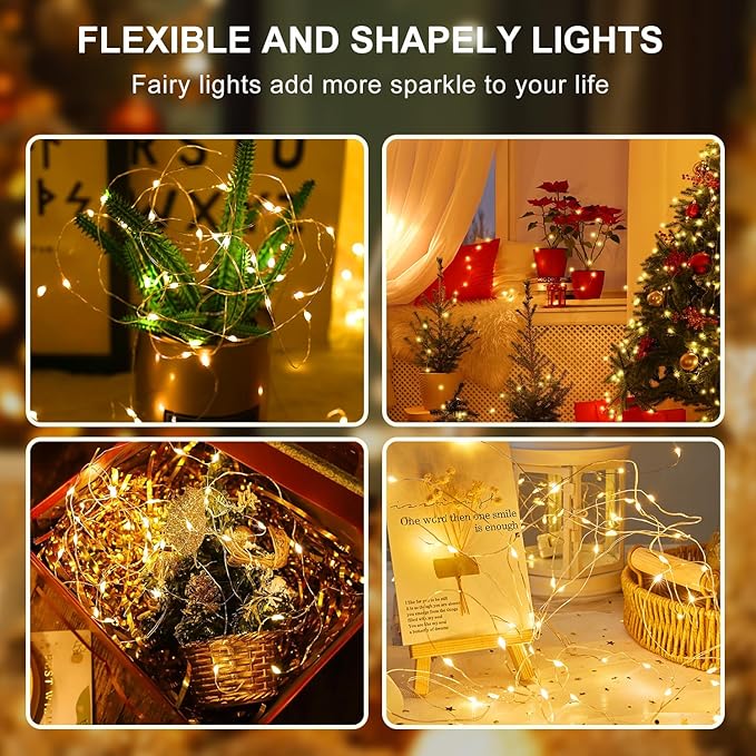 Aogist 2-Pack 50LED Fairy Lights 16ft Dual Power(USB/Battery) with Remote & Timer,8 Modes Flexible Copper Wire Waterproof String Lights for Outdoor Christmas Wedding Bedroom Party Decor,Warm White