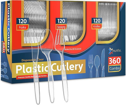 360 Count Plastic Silverware Set, 120 Clear Forks, 120 Spoons, 120 Knives, Heavy Duty BPA Free Disposable Plastic Cutlery Set, Premium Clear Plasticware for Party Supplies
