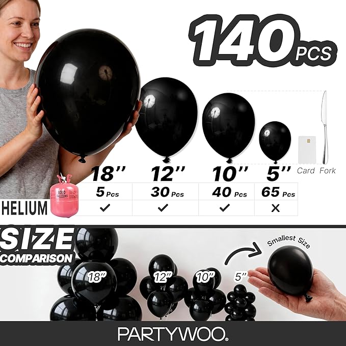 PartyWoo Black Balloons 140 pcs Different Sizes of 18 12 10 5 Inch Black Balloons Arch Kit Garland for Baby Shower Birthday Graduation Casino Gaming Anniversary Retirement Party Decorations Black-Y18