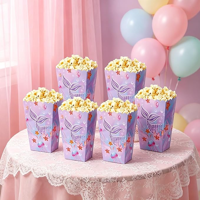 BACH AND BOUJEE 12 PCS Mermaid Popcorn Boxes Under the Sea Party Favor Goodie Boxes Candy Bags for Girls Princess Mermaid Birthday Party Supplies Baby Shower Wedding Decorations