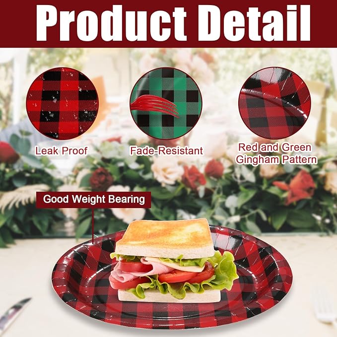 Red and Green Gingham Christmas Oval Paper Plates 10’’x 12’’ Large Disposable Heavy Duty Red and Green Gingham Plaid Paper Plates for Birthday Christmas Baby Shower Tea Party Supplies, 50 Guest