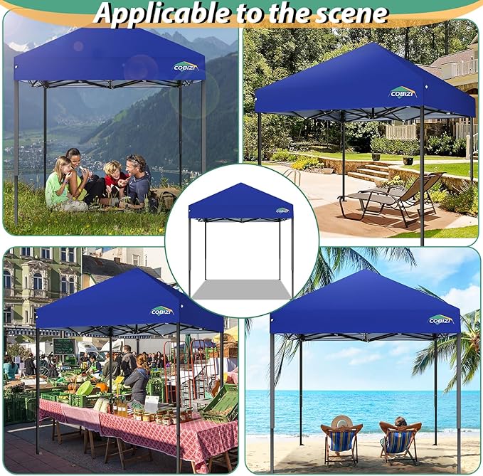 COBIZI 6.6x6.6ft Pop Up Canopy Tent, Heavy Duty Canopy Easy Set up All Weather Waterproof Outdoor Tent for Parties, Beach, Garden, with 1 Handbag, 3 Adjustable Heights, UPF50+, Dark Blue