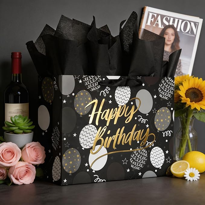 Bobobag 13" Black Birthday Gift Bag with Tissue Paper and Greeting Card for Men, Gift Ideals for Adults, Boys and Kids