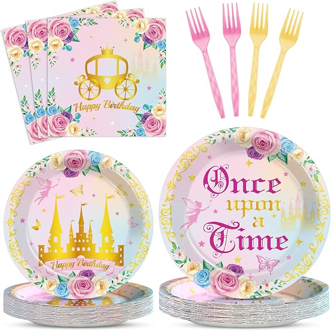 96PCS Princess 1st Birthday Party Supplies Once upon a Time Fairytale Castle Plates and Napkins Pink Princess Party Decors for Girls Pink 1st Onederland Birthday Baby Dinnerware Serves 24 Guests